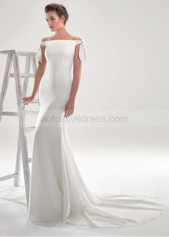 Off Shoulder Ivory Georgette Illusion Back Wedding Dress